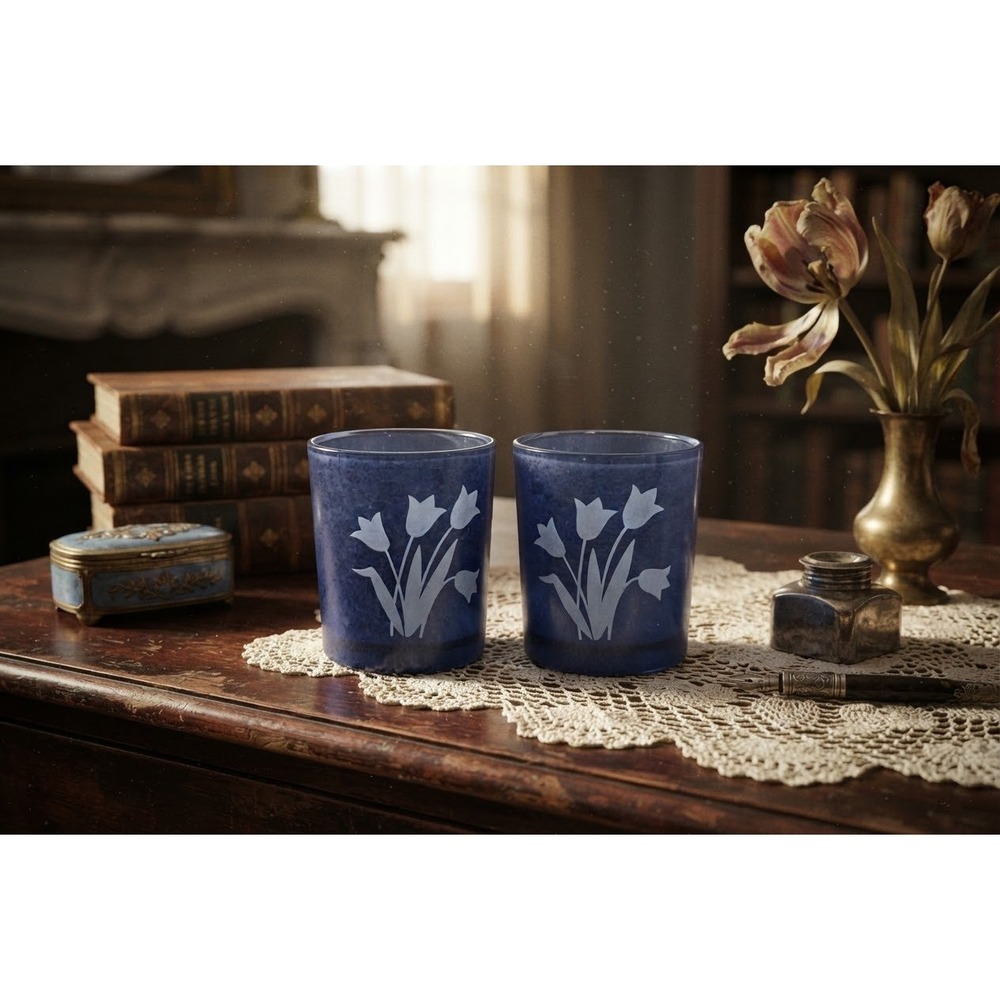 Vintage Frosted Blue Glass Tulip Votive Candle Holders Pair Etched Floral 2.5in